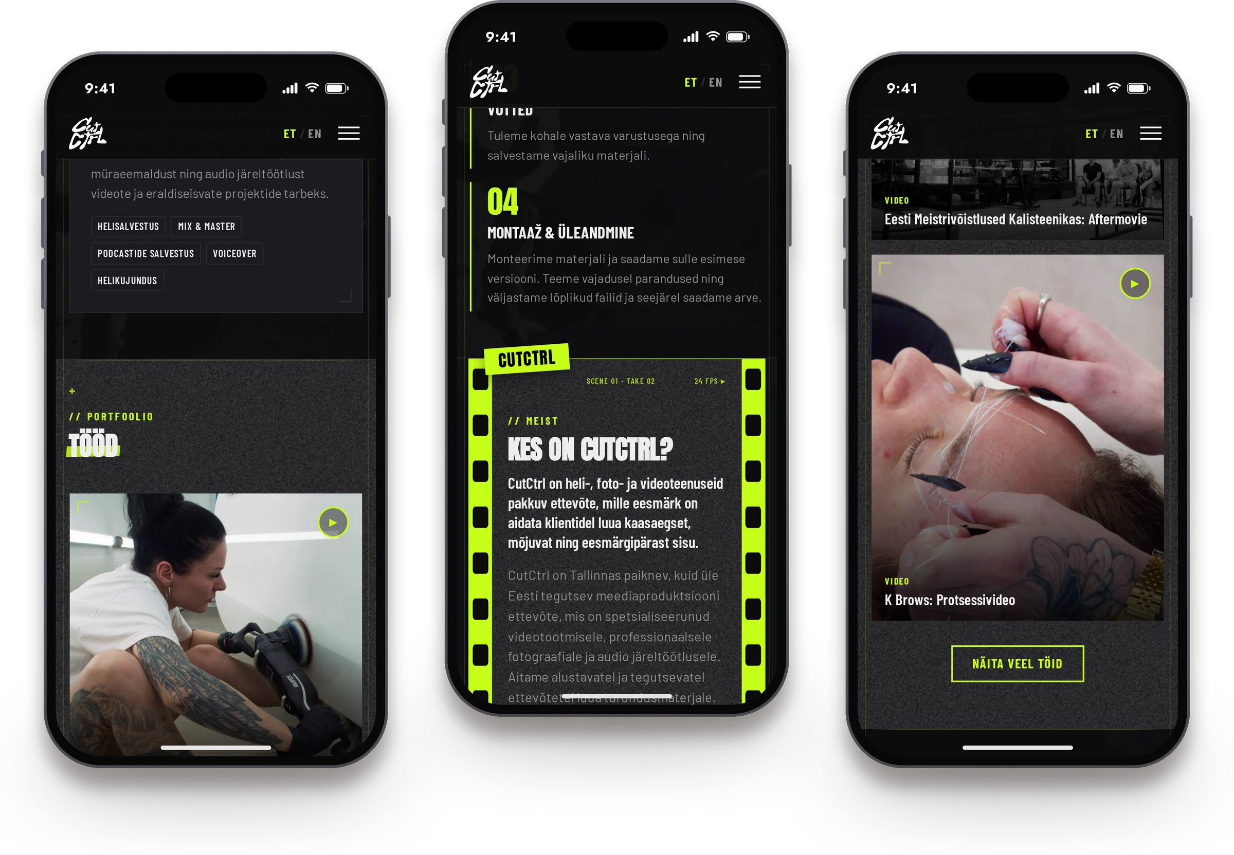 CutCtrli koduleht telefonis, kolm vaadet