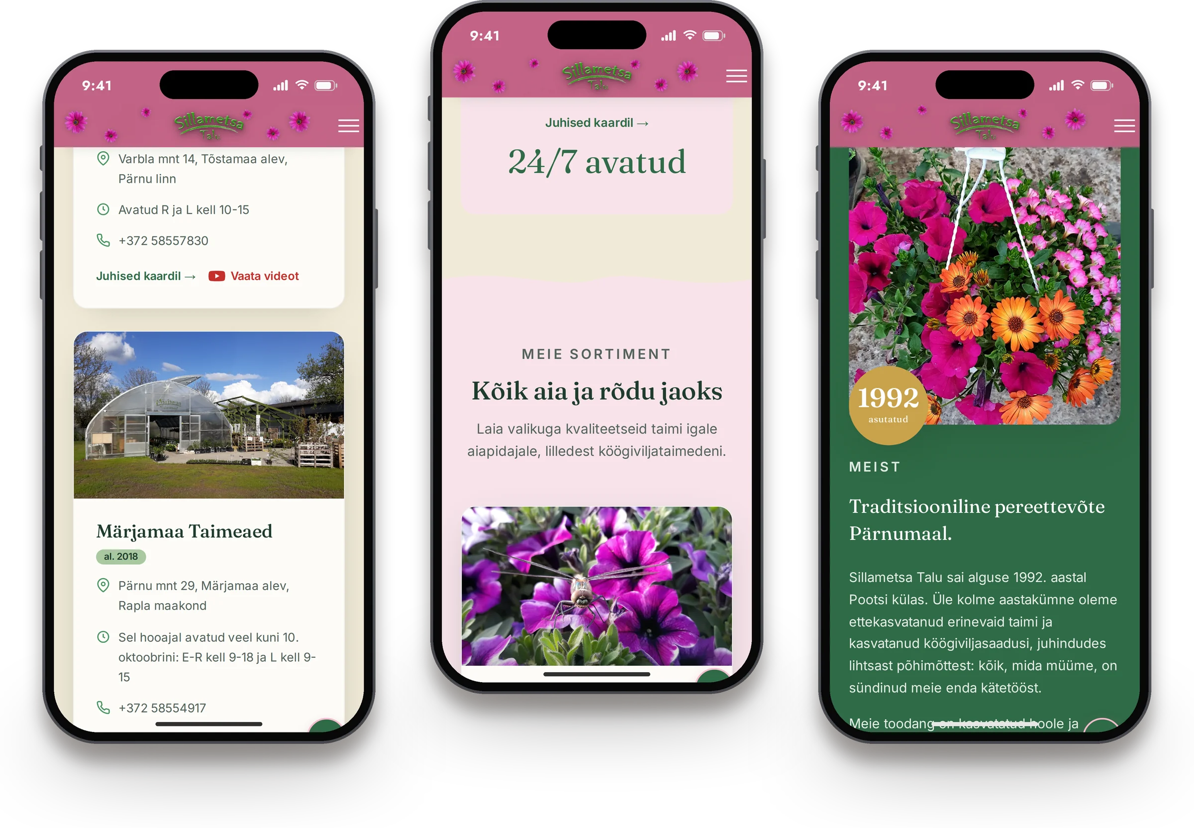 Sillametsa Talu koduleht telefonis, kolm vaadet